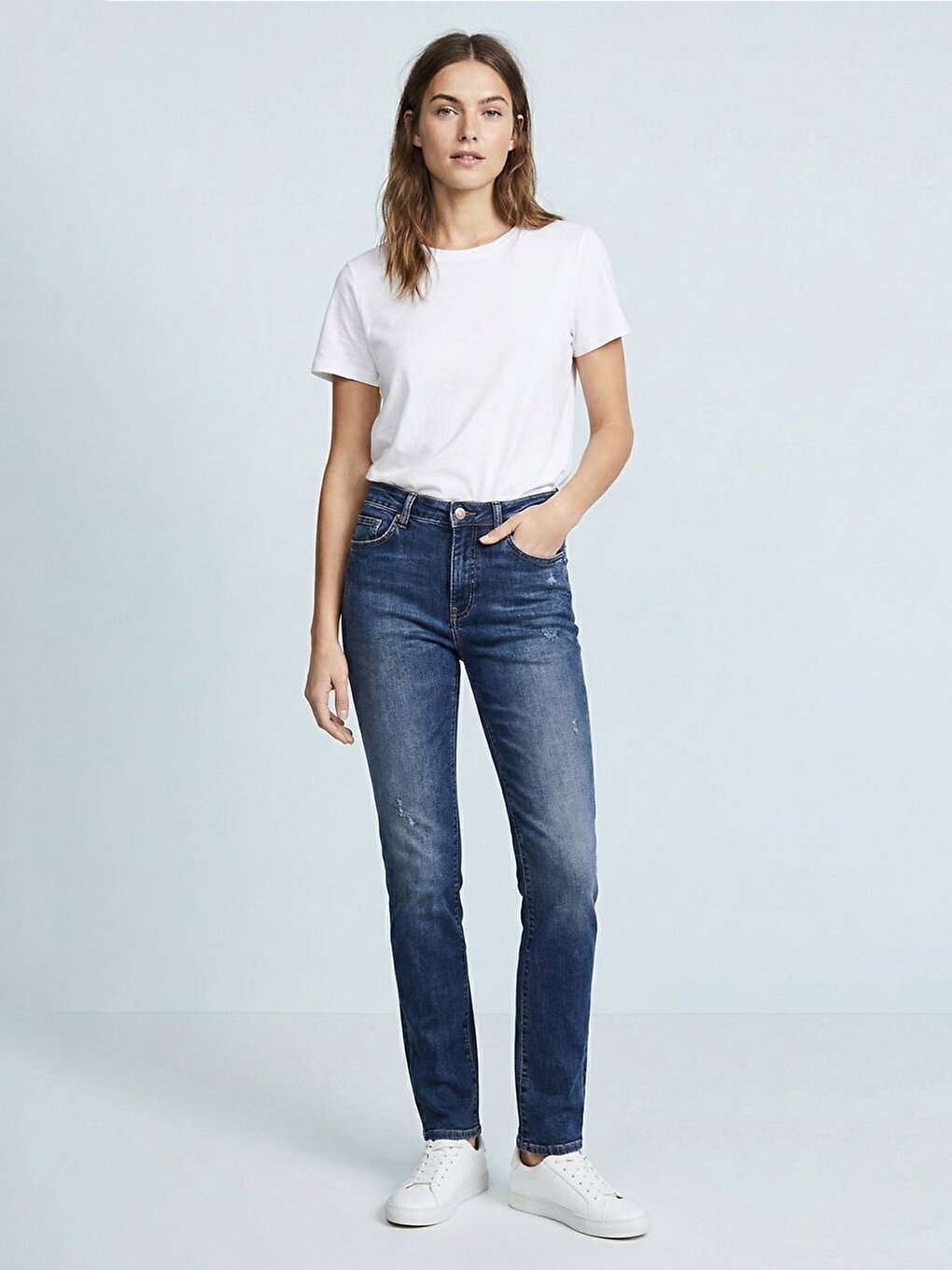 Nena B Cou Droit Taille Haute Bleu Moyen Jean Les Pantalons