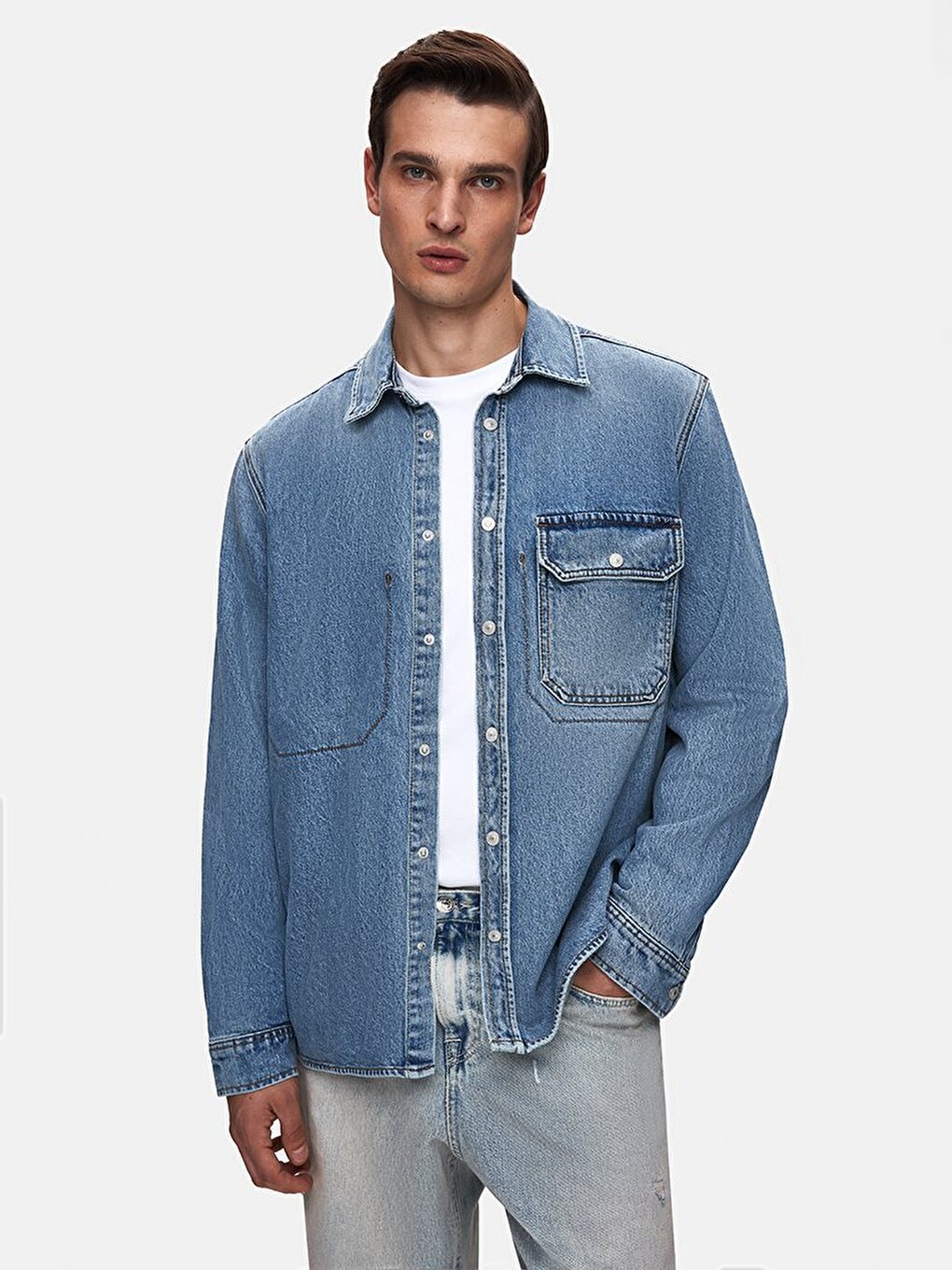 Aıdan Entspannter Schnitt Mittelblau Jeans Hemd