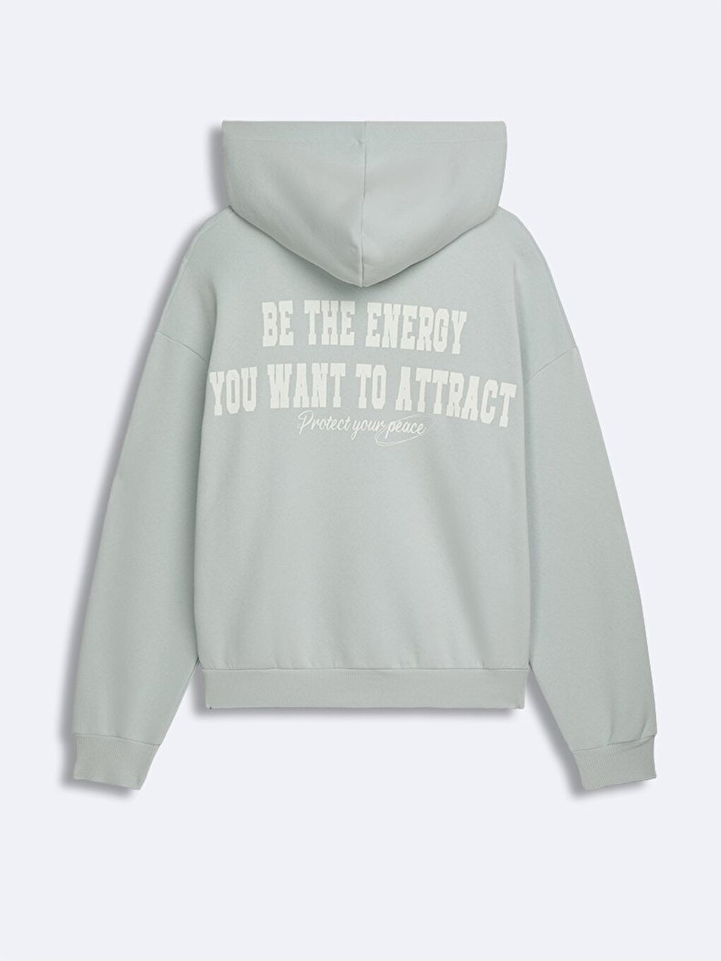 Uzun Kollu Kapüşonlu Slogan Baskılı Mavi Sweatshırt