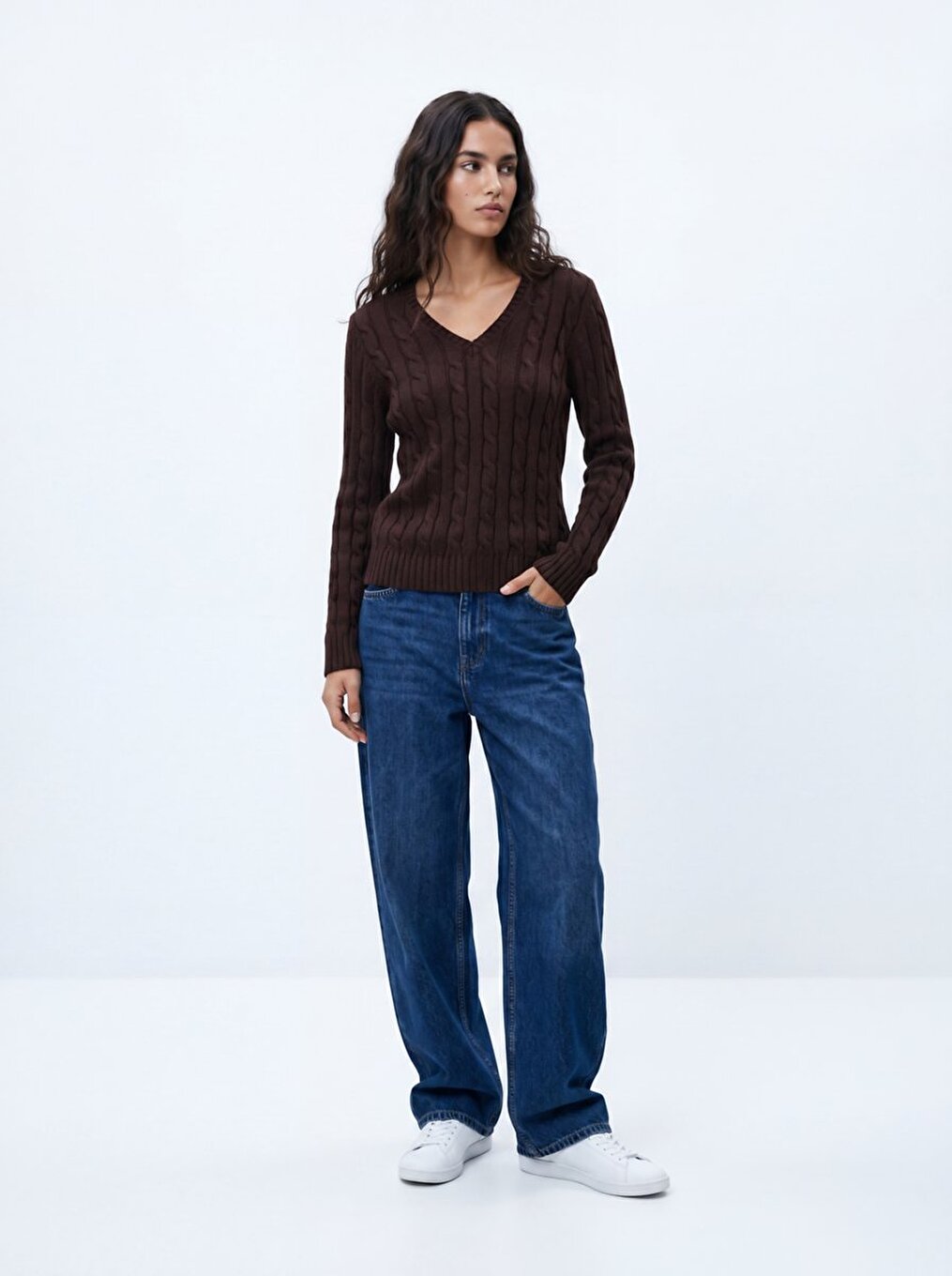 Long Sleeves V-neck Brown Pullover