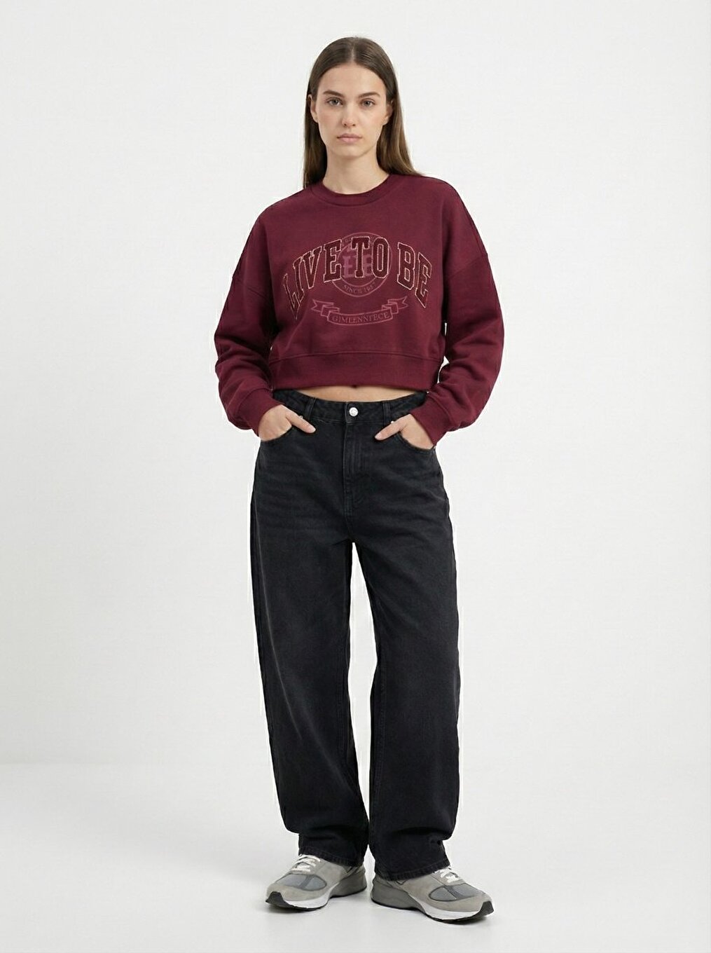 Bisiklet Yaka Slogan Baskılı Crop Kırmızı Sweatshırt
