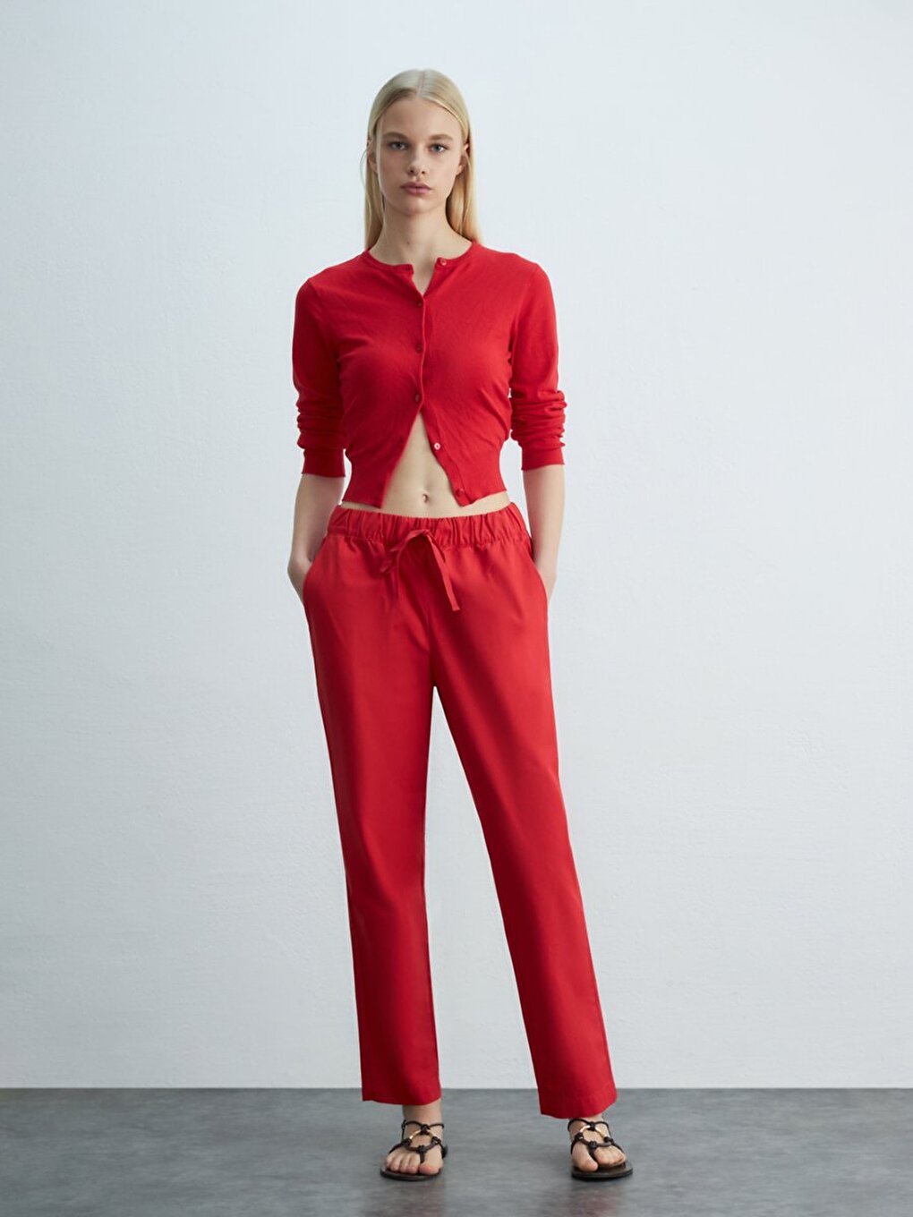 Basic Beli Lastikli Loose Kırmızı Pantolon