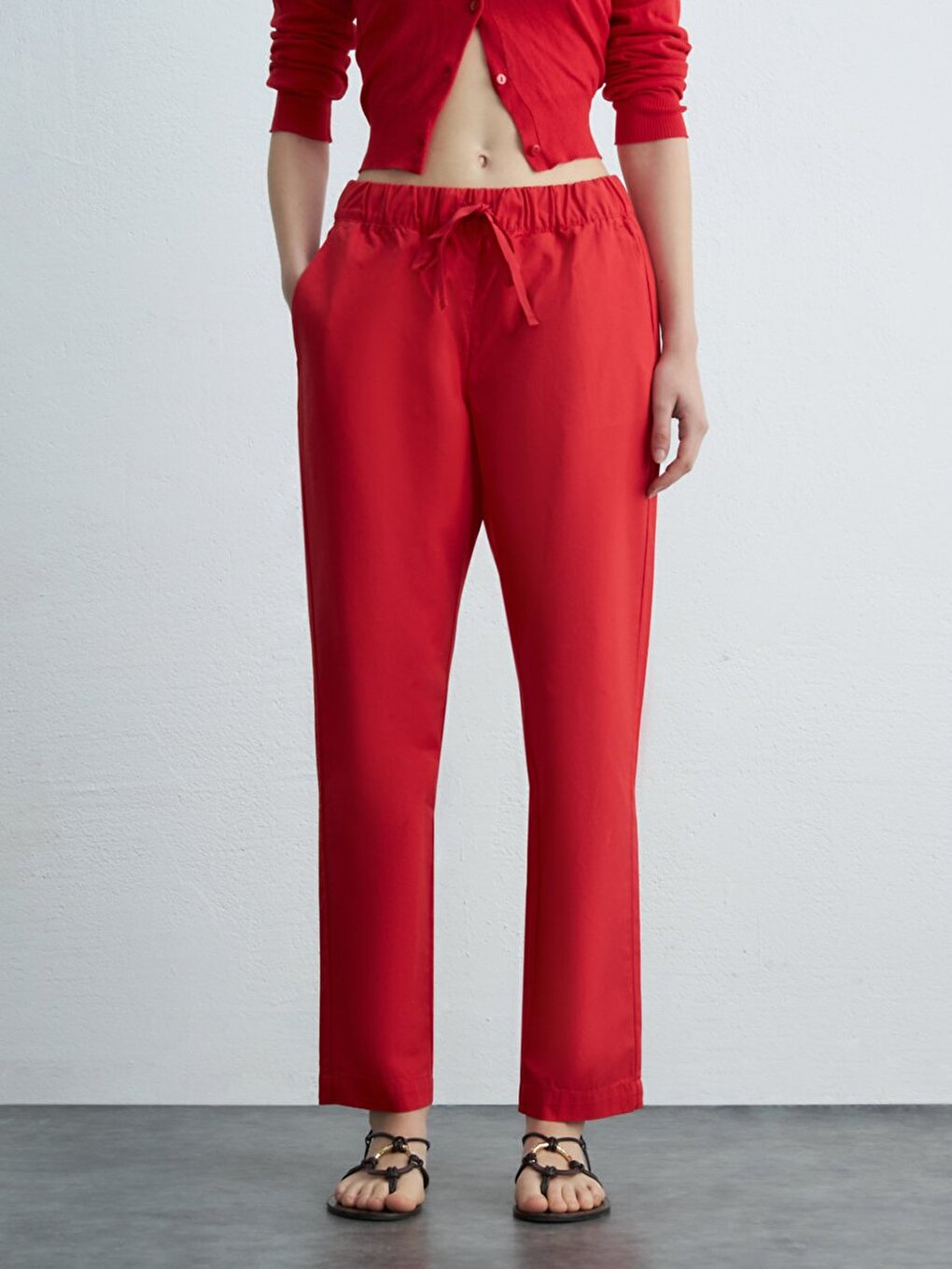 Basic Beli Lastikli Loose Kırmızı Pantolon