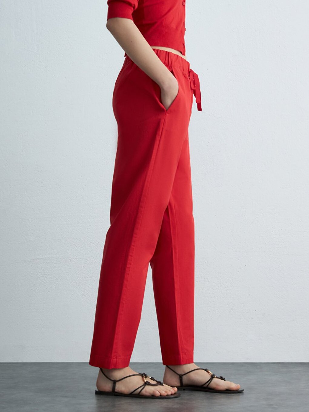 Basic Beli Lastikli Loose Kırmızı Pantolon