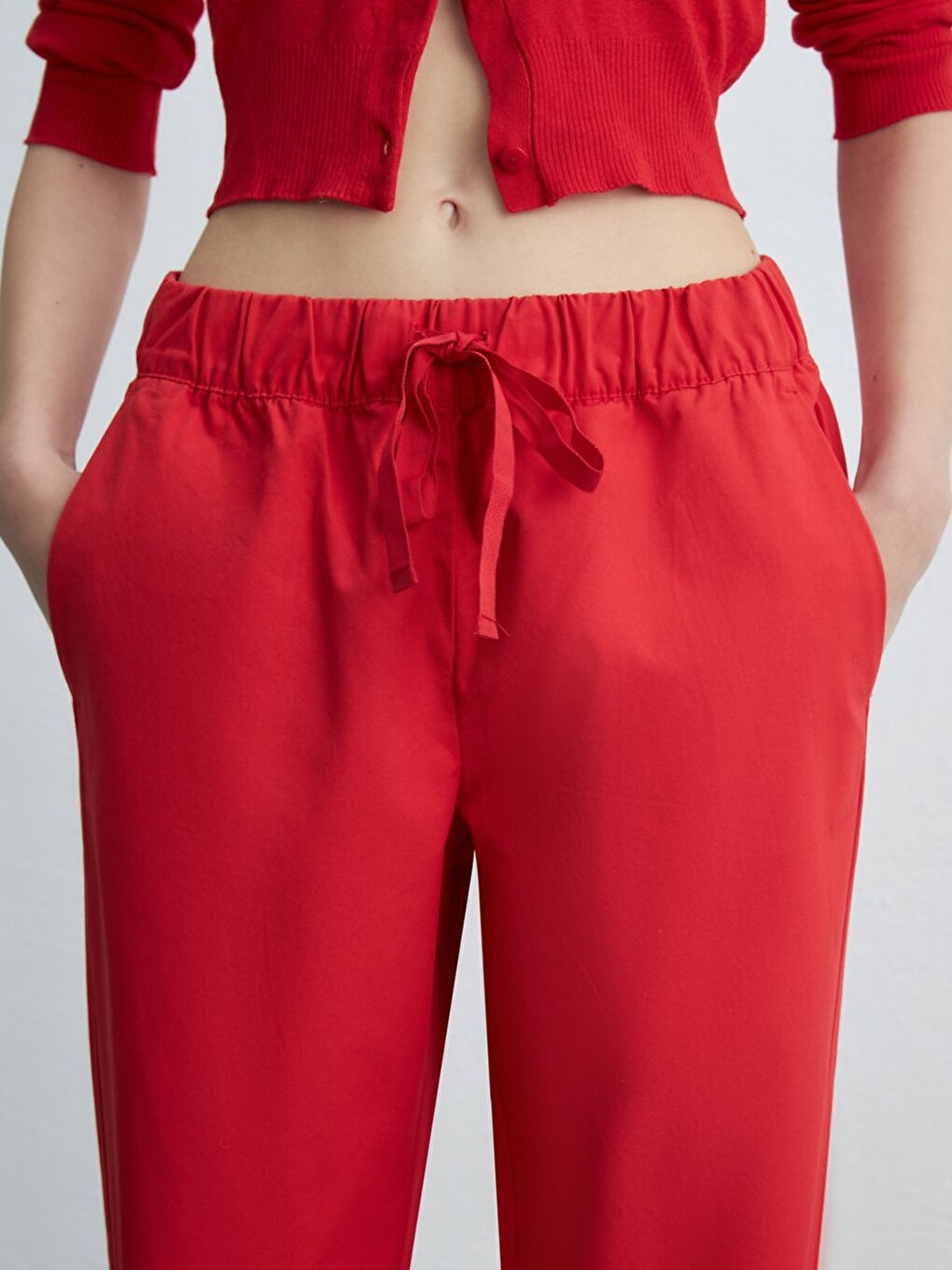 Basic Beli Lastikli Loose Kırmızı Pantolon