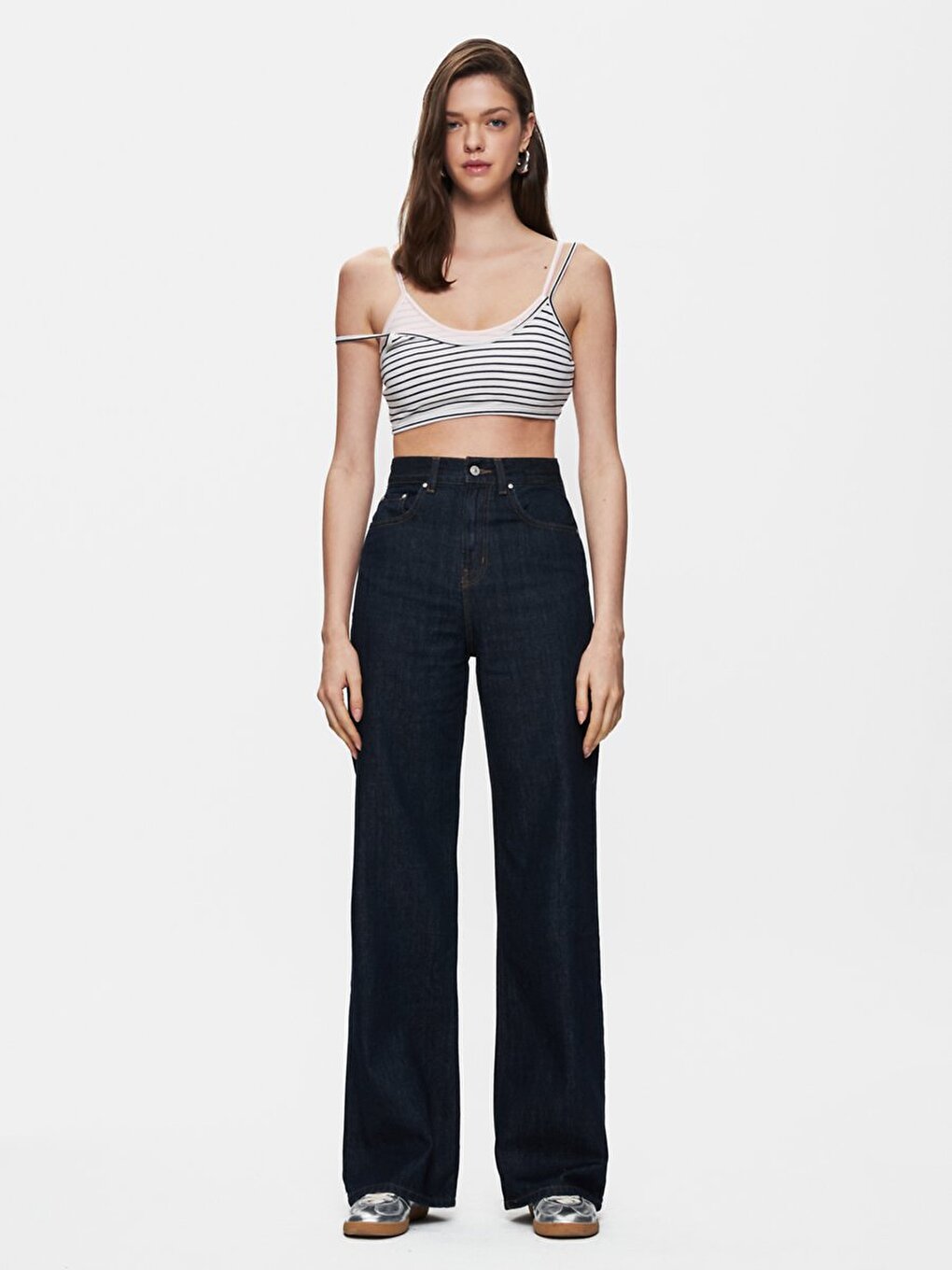 Çizgili Crop Askılı Mavi Atlet
