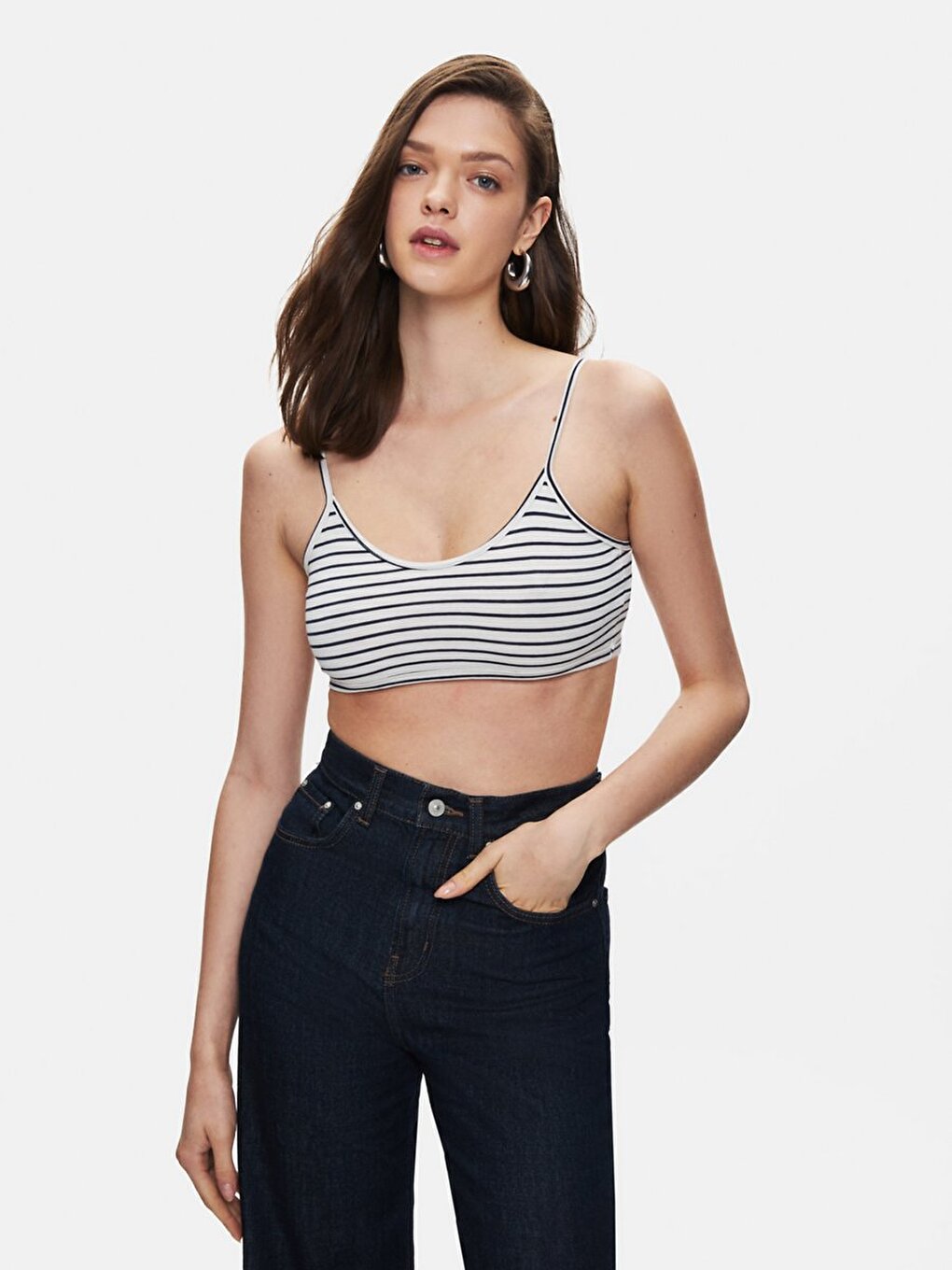 Çizgili Crop Askılı Mavi Atlet
